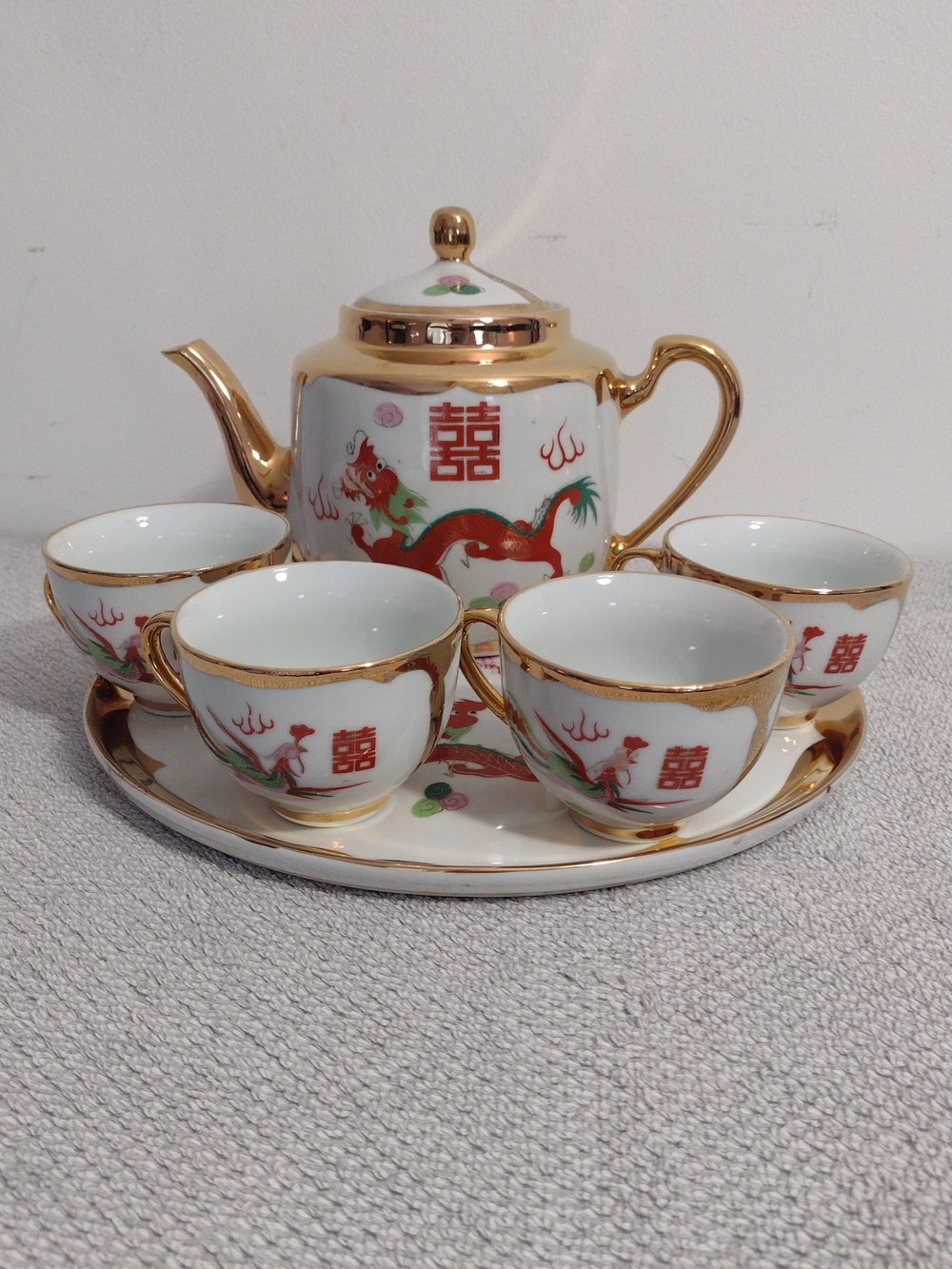 Vintage Porcelain Dragon and Phonenix Wedding Tea Set with 22k Gold Trim